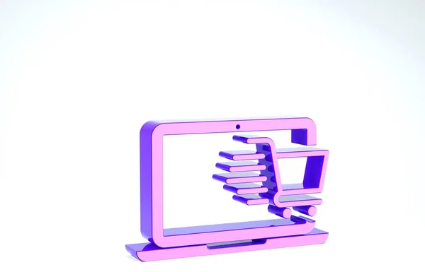 Violet Panier d'achat sur l'icône de l'ordinateur portable de l'écran isolé sur fond blanc. Concept e-commerce, e-business, marketing d'affaires en ligne. Illustration 3D rendu 3D — Photo