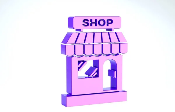白を背景に、パープルショッピングビルやマーケットストアのアイコンが隔離されています。店の建設。3Dイラスト3Dレンダリング — ストック写真