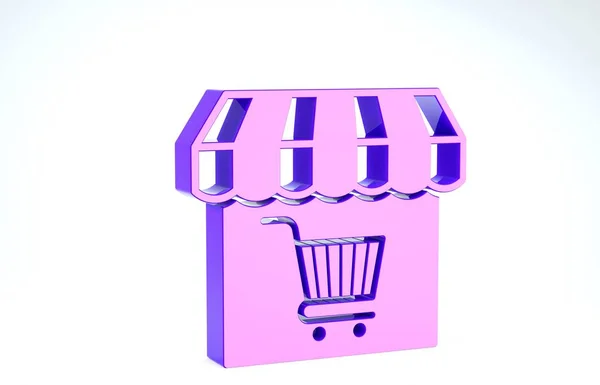 Purple Edificio de compras o tienda de mercado con icono de carrito de compras aislado sobre fondo blanco. Construcción de tiendas. Símbolo de cesta de supermercado. 3D ilustración 3D render — Foto de Stock