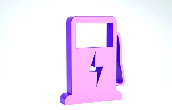 紫色电动车充电站图标隔离在白色背景. 生态燃油泵标志. 3d说明3d — 图库照片