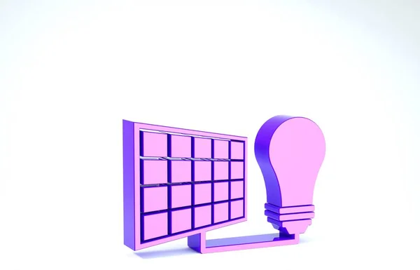 Panel de energía solar púrpura e icono de la bombilla aislada sobre fondo blanco. 3D ilustración 3D render —  Fotos de Stock