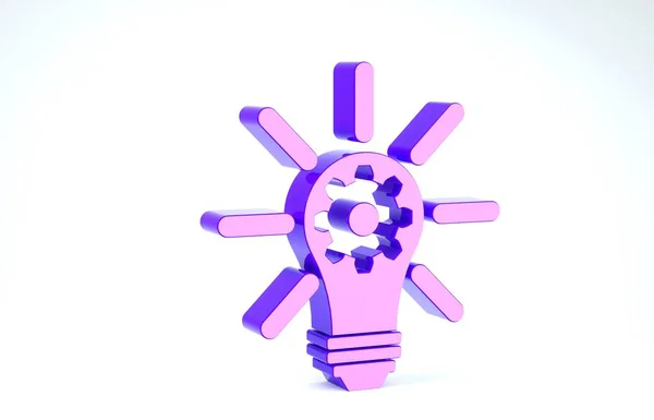白い背景にアイコンの内側に光線が輝き、ギアを持つ紫色の電球。イノベーションの概念。3Dイラスト3Dレンダリング — ストック写真