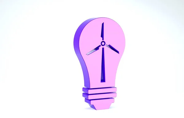 Lâmpada de luz roxa com turbina eólica como ideia de eco amigável fonte de ícone de energia isolado no fundo branco. Conceito de energia alternativa. 3D ilustração 3D render — Fotografia de Stock