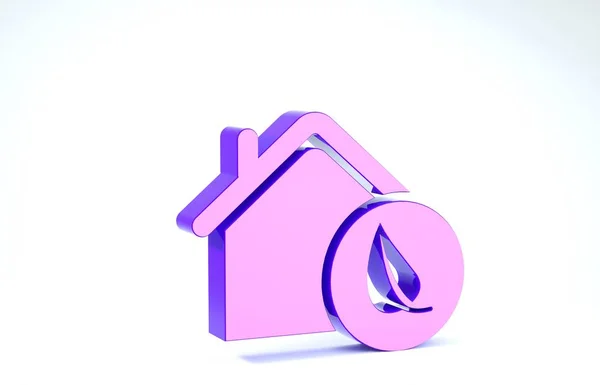 Purple Eco friendly casa icono aislado sobre fondo blanco. Eco casa con hoja. 3D ilustración 3D render — Foto de Stock
