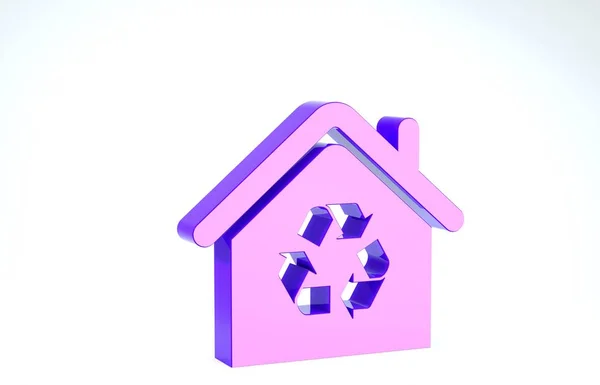Purple Eco House con icono de símbolo de reciclaje aislado sobre fondo blanco. Ecología hogar con flechas de reciclaje. 3D ilustración 3D render — Foto de Stock