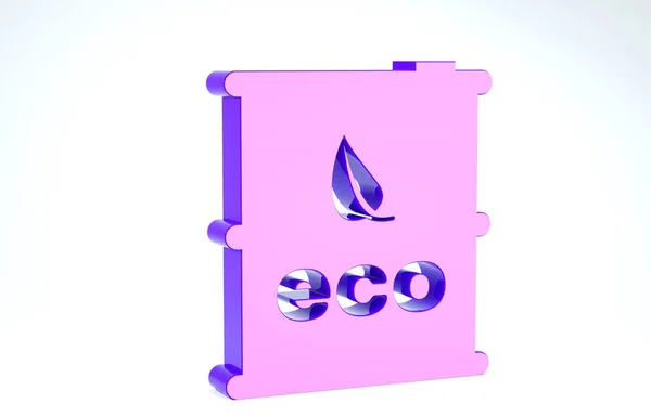 Lila Bio üzemanyag hordó ikon elszigetelt fehér alapon. Öko-biológia és tartály. Zöld környezet és újrahasznosítás. 3d illusztráció 3d render — Stock Fotó