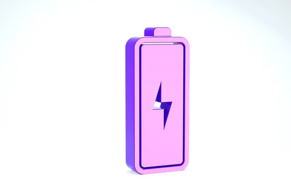 Фіолетова піктограма батареї ізольована на білому тлі. Символ блискавки. 3D ілюстрація 3D рендеринга — стокове фото