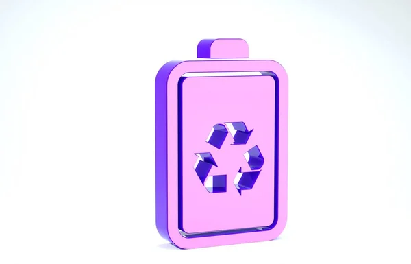Fioletowa bateria z ikoną linii symboli recyklingu izolowana na białym tle. Bateria z symbolem recyklingu - koncepcja energii odnawialnej. Ilustracja 3d — Zdjęcie stockowe