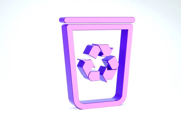 Fioletowy kosz na śmieci z ikoną symbolu recyklingu na białym tle. Ikona kosza na śmieci. Znak śmietnika. Znak kosza na śmieci. Ilustracja 3d — Zdjęcie stockowe