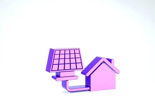 Purple House with solar panel icon isolated on white background. Ecology, solar renewable energy. Eco-friendly house. Environmental Protection. 3d illustration 3D render