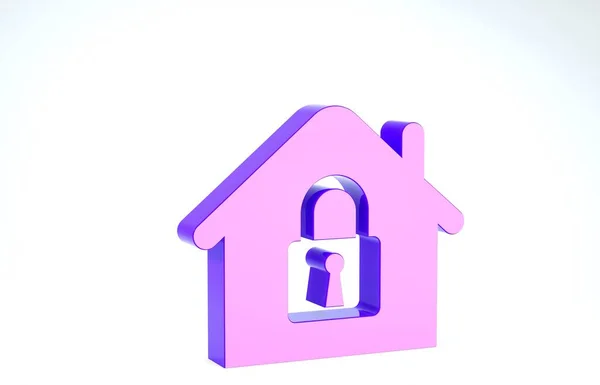 Casa púrpura bajo icono de protección aislado sobre fondo blanco. Hogar y cerradura. Protección, seguridad, protección, concepto de defensa. 3D ilustración 3D render — Foto de Stock