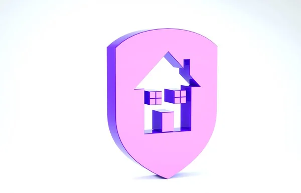 Purple House onder bescherming pictogram geïsoleerd op witte achtergrond. Thuis en schild. Bescherming, veiligheid, beveiliging, bescherming, defensie concept. 3d illustratie 3d renderen — Stockfoto