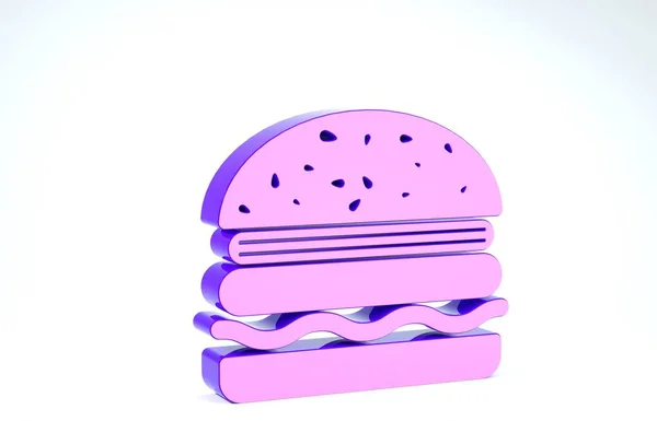 Lila Burger-Symbol isoliert auf weißem Hintergrund. Hamburger Ikone. Cheeseburger Sandwich-Schild. 3D Illustration 3D Renderer — Stockfoto
