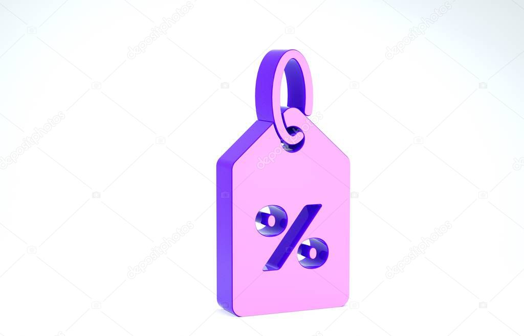 Purple Discount percent tag icon isolated on white background. Shopping tag sign. Special offer sign. Discount coupons symbol. 3d illustration 3D render