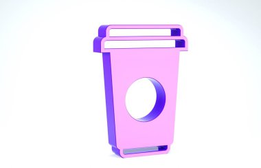 Beyaz arka planda izole edilmiş mor kahve fincanı ikonu. Tek kullanımlık kahve bardağı ve sıcak kahve. 3d illüstrasyon 3d canlandırma