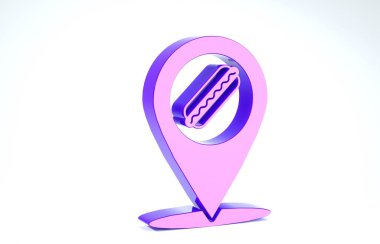Beyaz arka planda izole edilmiş fast food hot dog ikonu olan mor harita işaretçisi. Sosis ikonu. 3d illüstrasyon 3d canlandırma