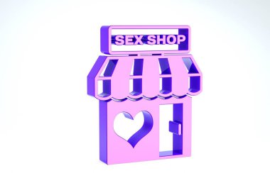 Beyaz arka planda izole edilmiş çizgili tente ikonu olan Mor Seks Dükkanı binası. Seks dükkanı, online seks mağazası, yetişkin erotik ürünler konsepti. 3d illüstrasyon 3d canlandırma
