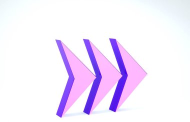 Mor Ok simgesi beyaz arkaplanda izole edildi. Yön Arrowhead sembolü. Navigasyon işaretçisi işareti. 3d illüstrasyon 3d canlandırma