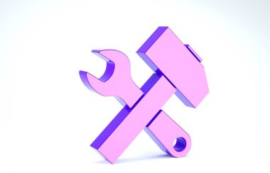 Mor haçlı çekiç ve ingiliz anahtarı simgesi beyaz arkaplanda izole edilmiş. Donanım aletleri. 3d illüstrasyon 3d canlandırma