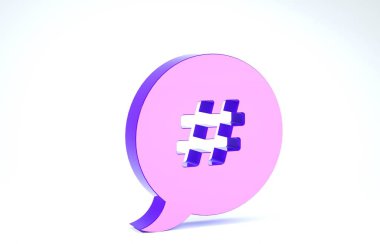 Mor etiket konuşma balonu simgesi beyaz arkaplanda izole edildi. Sayı işareti kavramı, sosyal medya pazarlaması, mikro blog yazma. 3d illüstrasyon 3d canlandırma