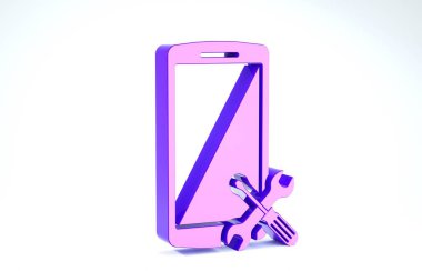 Beyaz arkaplanda izole edilmiş, tornavida ve anahtar ikonlu mor akıllı telefon. Ayarlama, servis, ayar, bakım, onarım, onarım. 3d illüstrasyon 3d canlandırma
