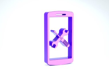 Beyaz arkaplanda izole edilmiş, tornavida ve anahtar ikonlu mor akıllı telefon. Ayarlama, servis, ayar, bakım, onarım, onarım. 3d illüstrasyon 3d canlandırma