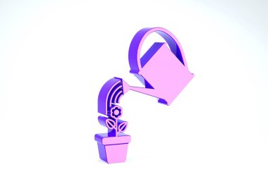 Mor sulama, çiçeğin üzerine su damlatabilir. Beyaz arka planda izole edilmiş bir saksı ikonu. Sulama sembolü. 3d illüstrasyon 3d canlandırma