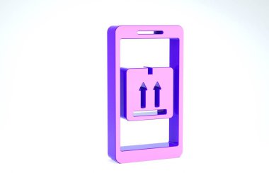Uygulama dağıtım ikonu olan mor mobil akıllı telefon beyaz arkaplanda izole edildi. Paket takibi. 3d illüstrasyon 3d canlandırma