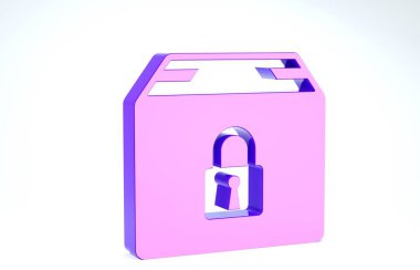 Mor Kilitli paket simgesi beyaz arkaplanda izole edildi. Kilit ve karton kutu. 3d illüstrasyon 3d canlandırma