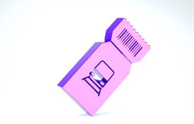 Mor tren bileti ikonu beyaz arka planda izole edildi. Demiryolu ile seyahat et. 3d illüstrasyon 3d canlandırma