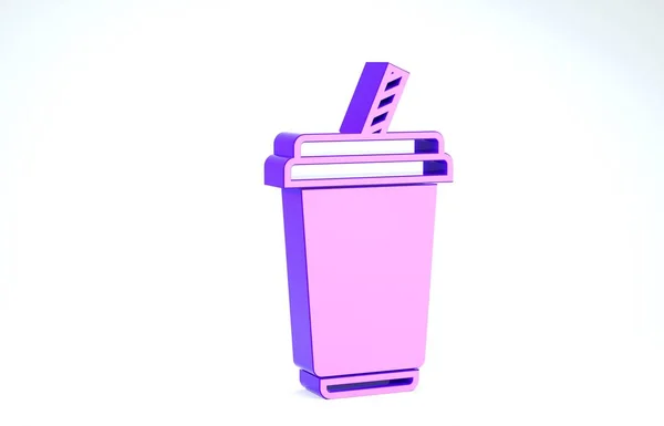 Cristal púrpura con icono de agua aislado sobre fondo blanco. Un vaso de refresco con paja para beber. Símbolo de bebida fría fresca. 3D ilustración 3D render —  Fotos de Stock