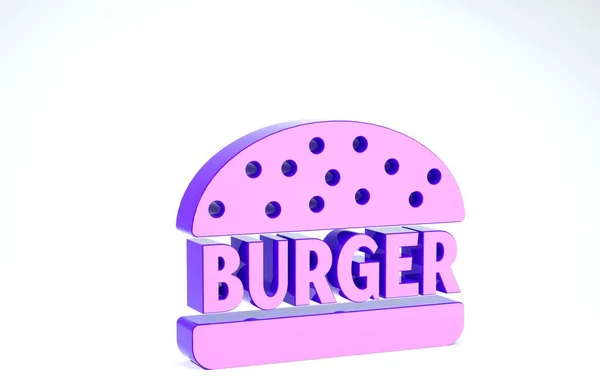 白の背景に紫色のバーガーアイコンを隔離。ハンバーガーのアイコン。チーズバーガーのサンドイッチの看板。3Dイラスト3Dレンダリング — ストック写真