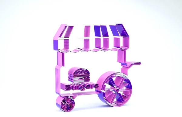 Chariot de restauration rapide violet avec icône auvent isolé sur fond blanc. Icône burger ou hamburger. Kiosque urbain. Illustration 3D rendu 3D — Photo