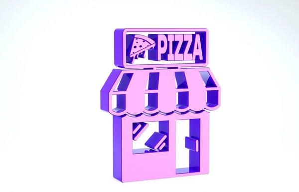 Fioletowa ikona fasady budynku Pizzeria odizolowana na białym tle. Pizzeria fast food kiosk. Ilustracja 3d — Zdjęcie stockowe