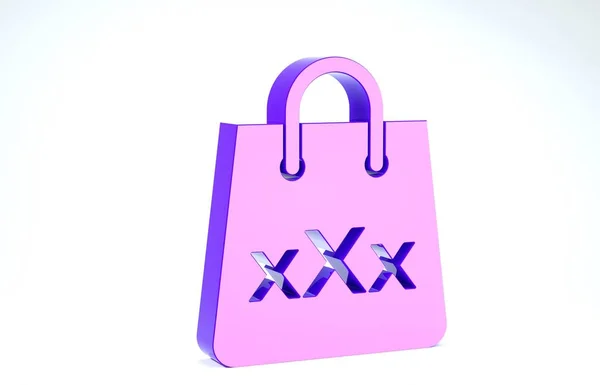 Bolso Purple Shopping con un icono triple X aislado sobre fondo blanco. 3D ilustración 3D render — Foto de Stock