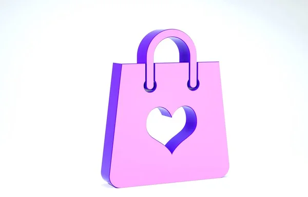Фиолетовая сумка для покупок с иконой сердца на белом фоне. Магазин сумок любит как икону сердца. Символ Дня Святого Валентина. 3D-рендеринг — стоковое фото