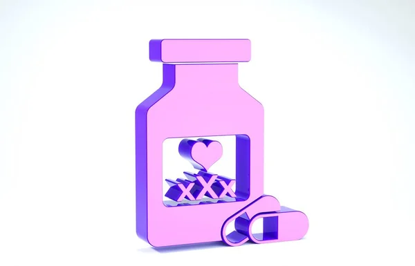 Lila Arzneiflasche mit Potenzpillen, Aphrodisiakum-Symbol auf weißem Hintergrund. Sex-Pillen für Männer und Frauen. 3D Illustration 3D Renderer — Stockfoto