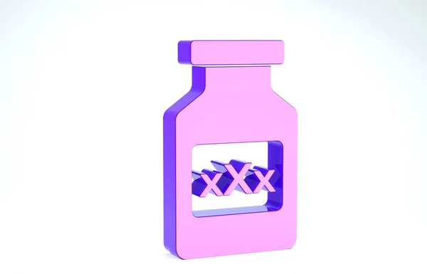 Botella de medicina púrpura con pastillas para la potencia, icono afrodisíaco aislado sobre fondo blanco. Pastillas sexuales para hombres y mujeres. 3D ilustración 3D render —  Fotos de Stock