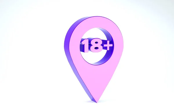 Puntero de mapa púrpura con 18 plus icono aislado sobre fondo blanco. Símbolo de restricción. 18 más signo de contenido. Icono solo contenido para adultos. 3D ilustración 3D render —  Fotos de Stock