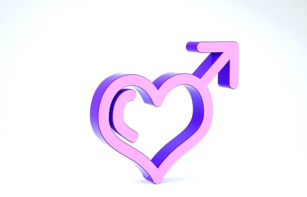 Фиолетовый мужской гендерный символ и значок сердца на белом фоне. 3D-рендеринг — стоковое фото