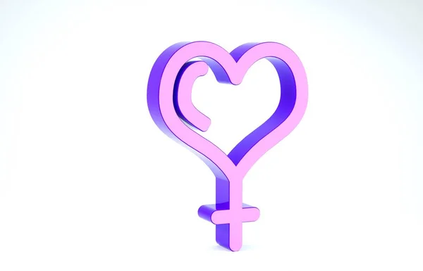 Purple Female gender symbol and heart icon isolated on white background. Venus symbol. The symbol for a female organism or woman. 3d illustration 3D render — ストック写真