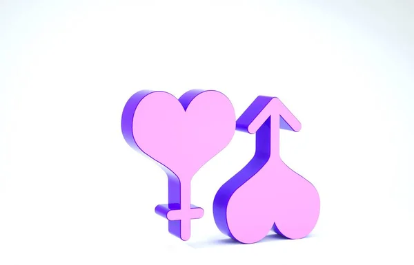 Corazón púrpura símbolo masculino y femenino aislado sobre fondo blanco. Símbolo de género. 3D ilustración 3D render —  Fotos de Stock