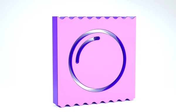 Фиолетовый презерватив в упаковке Иконка безопасного секса выделена на белом фоне. Безопасный символ любви. Метод контрацепции для мужчин. 3D-рендеринг — стоковое фото