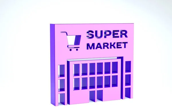 보라색 슈퍼마켓 건물에 쇼핑 카트 아이콘 이 흰색 배경에 따로 있습니다. 쇼핑을 하거나 쇼핑을 한다. 쇼핑몰 건물. 3D 일러스트 3D 렌더링 — 스톡 사진