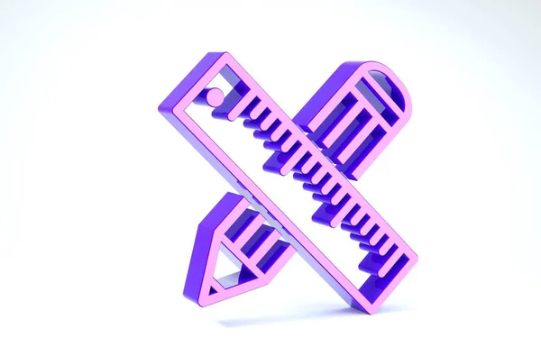 Règle croisée violette et icône crayon isolés sur fond blanc. Symbole du rebord droit. Outils de dessin et d'éducation. Illustration 3D rendu 3D — Photo