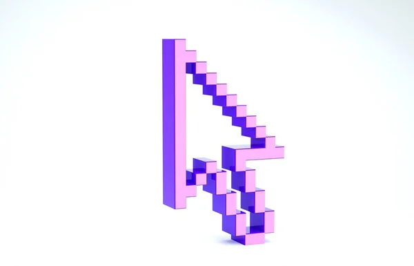 Μοβ εικονίδιο δρομέα βέλους Pixel απομονώνεται σε λευκό φόντο. 3D απεικόνιση 3d καθιστούν — Φωτογραφία Αρχείου