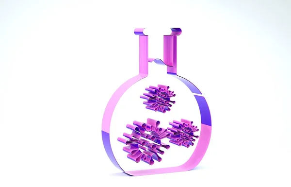 Фиолетовый лабораторный стеклянная пробирка с вирусом и бактерий значок изолирован на белом фоне. Анализ микроорганизма, исследования, диагностика. 3D-рендеринг — стоковое фото