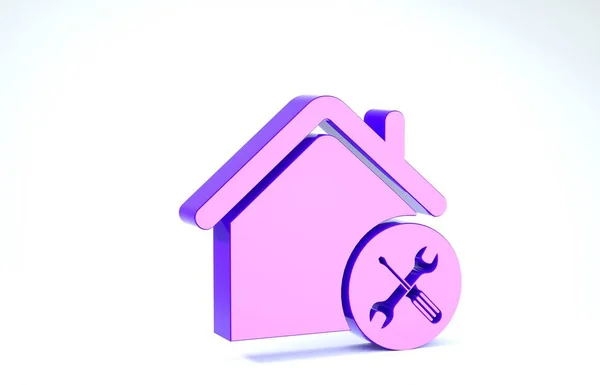 Casa púrpura o casa con destornillador e icono de la llave inglesa aislado sobre fondo blanco. Ajuste, servicio, ajuste, mantenimiento, reparación, fijación. 3D ilustración 3D render — Foto de Stock