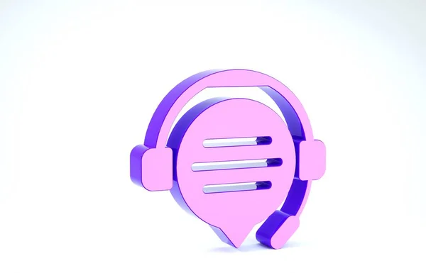 Auriculares púrpura con el icono de la burbuja de voz de chat aislado en el fondo blanco. Servicio al cliente de soporte, línea directa, centro de llamadas, preguntas frecuentes, mantenimiento. 3D ilustración 3D render —  Fotos de Stock