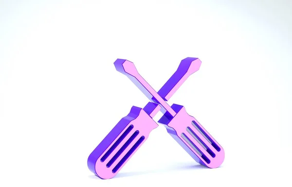 Purple Crossed șurubelnițe pictograma izolat pe fundal alb. Simbolul instrumentului de serviciu. 3d ilustrație 3D render — Fotografie, imagine de stoc